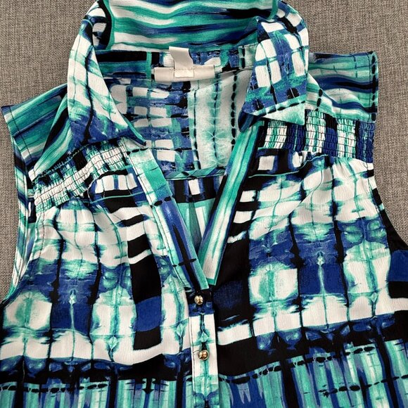 DANA BUCHMAN Top Small Collared V-Neck Sleeveless Green‎ Blue Relaxed Fit - Picture 2 of 10